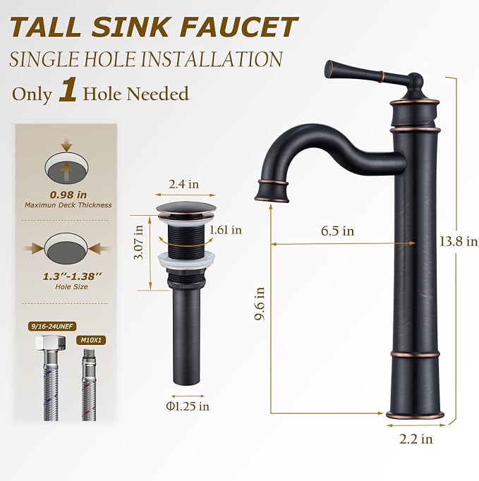 Vessel Sink Faucet ORB Bathroom Tall Faucet Single Hole Deck-Mount Pop up Drain Assembly Without Overflow Water Supply Lines Included