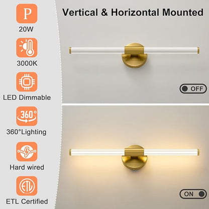 LED Bathroom Light Fixtures Gold Vanity Lights Modern 24" | 360° Bright Bathroom Light, Dimmable Vanity Light, Hardwired Wall Sconce 3000K Warm White for Mirror