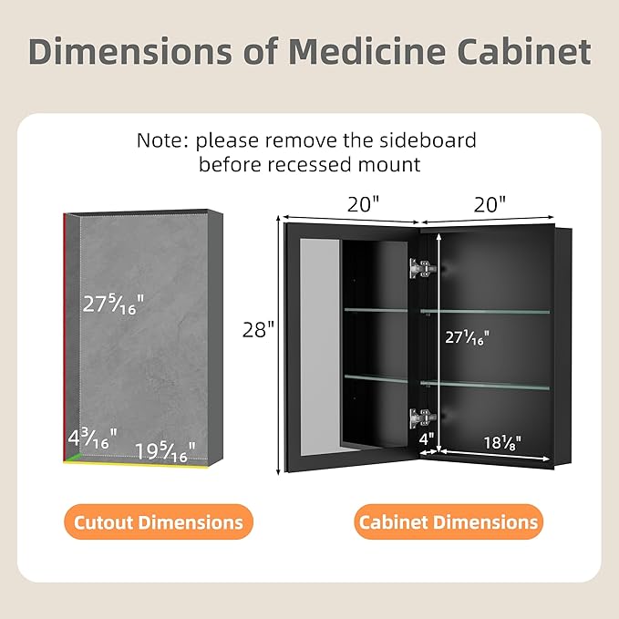 20x28 Inch Medicine Cabinet with Mirror, Aluminum Bathroom Mirror Cabinet, Beveled Edge Mirrored Single Door, Adjustable Shelves, Surface or Recessed Mount Mirrors with Storage,Black