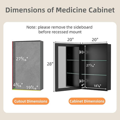 20x28 Inch Medicine Cabinet with Mirror, Aluminum Bathroom Mirror Cabinet, Beveled Edge Mirrored Single Door, Adjustable Shelves, Surface or Recessed Mount Mirrors with Storage,Black