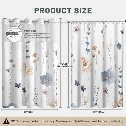 No Hook Floral Shower Curtain with Liner, Blue Beige, 71x74 | Snap in Liner, 3 in 1, Water Repellent, Easy Install, Machine Washable, Hotel Style for Bathroom, Watercolor Pattern