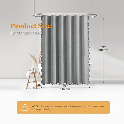 BTTN Grey Scalloped Shower Curtain, Gray Boho Linen Textured Fabric Shower Curtain Set with Plastic Hooks, Neutral Decorative Waterproof Polyester Shower Curtains with Black Edge for Bathroom, 72x72