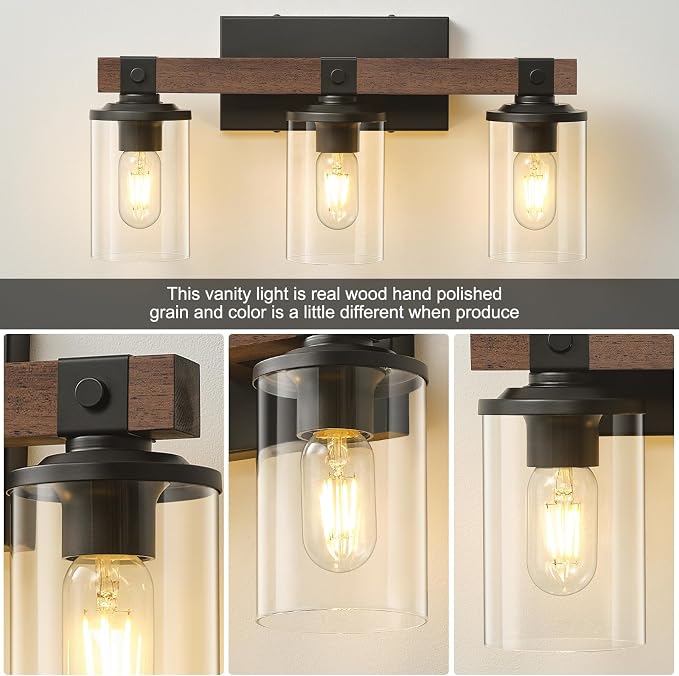 Bathroom Light Fixtures Over Mirror Black Farmhouse Vanity Lights 3 Light | Rustic Vintage Wood Bathroom Wall Light Fixtures with Clear Glass Shade for Restroom Bedroom Hallway
