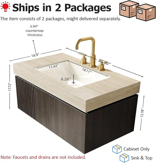 Ambrovina 36" Floating Bathroom Vanity with Sink, Modern Plywood Storage Vanities with Drawer and Door, Roma Travertine-Pattern Countertop with 3 Pre-drilled Faucet Holes Ceramic Basin, Espresso