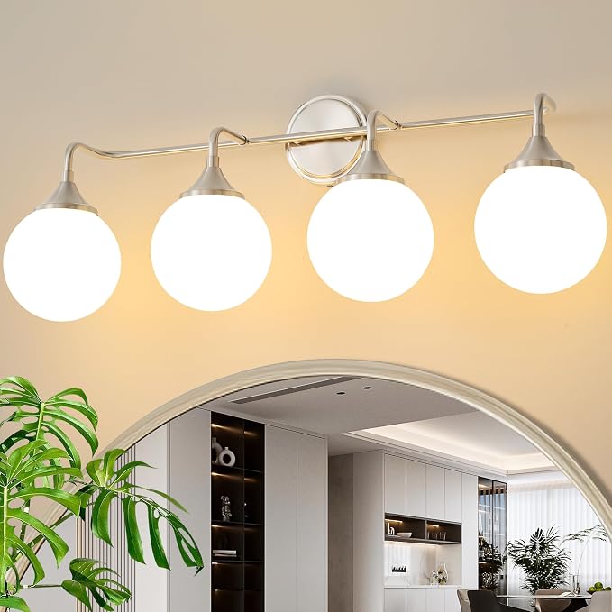 Brushed Nickel Bathroom Light Fixtures Over Mirror Vanity 4-Light | Mid Century Modern Brushed Nicke Wall Sconce with Milky White Glass Ball Shades for for Bathroom Dressing Table Bedroom