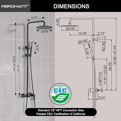 RBROHANT Exposed Shower System with Tub Spout, Matte Black Exposed Pipe Shower Faucet with 3 Functions Brass Shower Valve, Shower Height Adjustable, Wall Mounted
