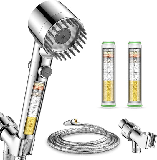 Filtered Shower Head with Handheld 2PCS Filters ShowerHead | 4 Spray, High Pressure Shower Heads with ON/OFF Button, Water Softener for Hard Water, 70" Hose, Remove Chlorine