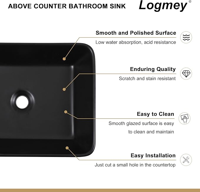 Logmey 19" Black Bathroom Vessel Sink 19x15 Sink for RV Bathroom Large Rectangle Porcelain Ceramic Modern Countertop Above Counter Bathroom Vanity Sink Art Basin