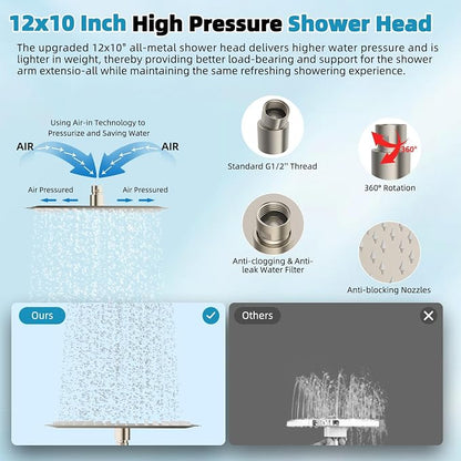 Hibbent 12'' Rainfall Showerhead with 4-mode Handheld Spray, Brushed Nickel | cUPC Certified High Pressure Showerhead Combo, 12'' Adjustable Extension Arm, Extension Bar, Easy Reach Holder, 71'' Hose