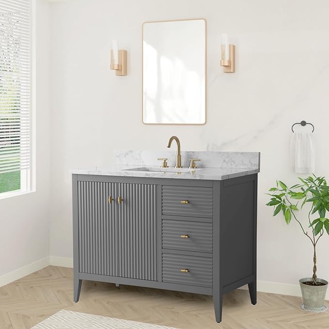 HOMEBEYOND 42" Bathroom Vanity with Sink, Solid Wood Bathroom Vanity Free-Standing Cabinet, Drawers, Ceramic Top & Soft Closing Door, Golden Brushed Handware, Cashmere Gray