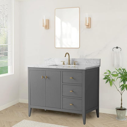 HOMEBEYOND 42" Bathroom Vanity with Sink, Solid Wood Bathroom Vanity Free-Standing Cabinet, Drawers, Ceramic Top & Soft Closing Door, Golden Brushed Handware, Cashmere Gray