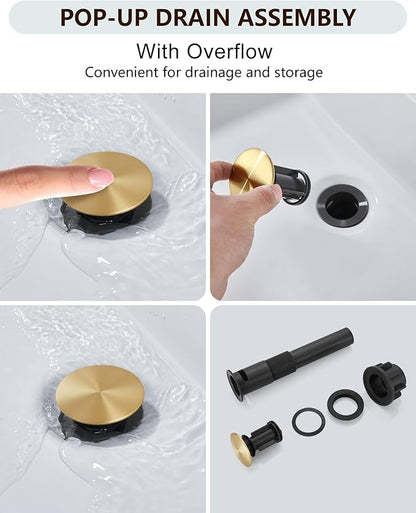 Midanya Bathroom Faucet with Waterfall Spout, Single Hole or 3-Hole Deck Mount, 304 Stainless Steel Sink Faucet with Pop-Up Drain, RV Vanity Compatible,Gold