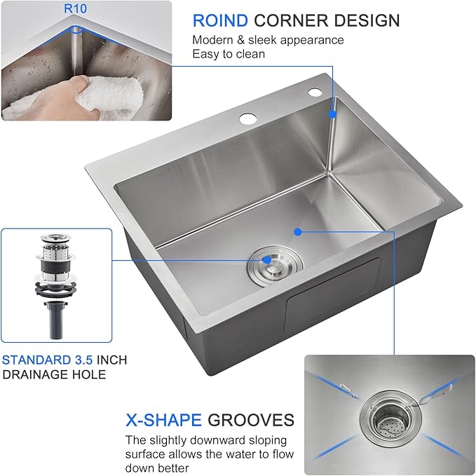 22"x18" Drop-In Single Bowl Kitchen Sink 304 Stainless Steel Brushed | 22 inch Drop-in Sink | SUS304 SS Handmade | Topmount/Overmount | 9" Deep Basin | Single bowl | Moden kitchen/prep