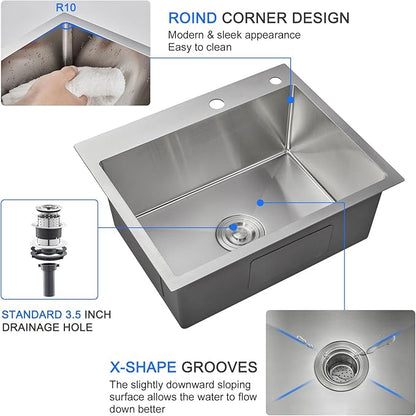 22"x18" Drop-In Single Bowl Kitchen Sink 304 Stainless Steel Brushed | 22 inch Drop-in Sink | SUS304 SS Handmade | Topmount/Overmount | 9" Deep Basin | Single bowl | Moden kitchen/prep