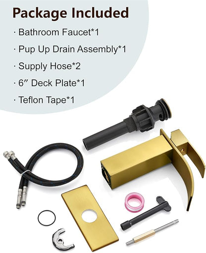 Midanya Bathroom Faucet with Waterfall Spout, Single Hole or 3-Hole Deck Mount, 304 Stainless Steel Sink Faucet with Pop-Up Drain, RV Vanity Compatible,Gold