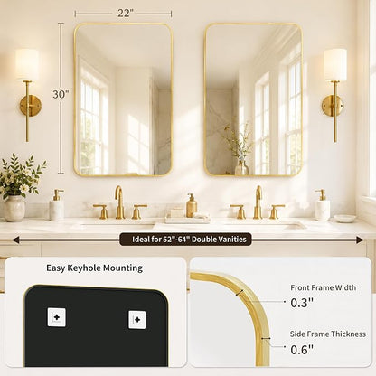 2-Pack 22x30 Inch Brushed Gold Rounded Rectangle Vanity Mirrors | Double Vanity or Two Bathrooms, Pair or Separate Use, Aluminum Frame, Slim Front Profile, Two-Way Mount
