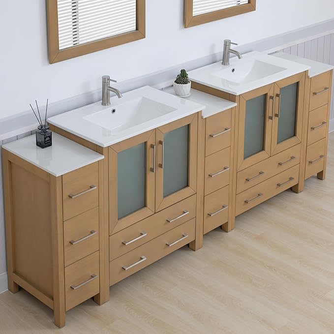 Vanity Art 96 Inch Under Mount Double Sink Bathroom Vanity Cabinet with 2 Mirrors, Ceramic Top Bathroom Cabinet Compact Set with 13 Dovetail Storage Drawers and Brushed Nickel Handles, VA3030-96-NO