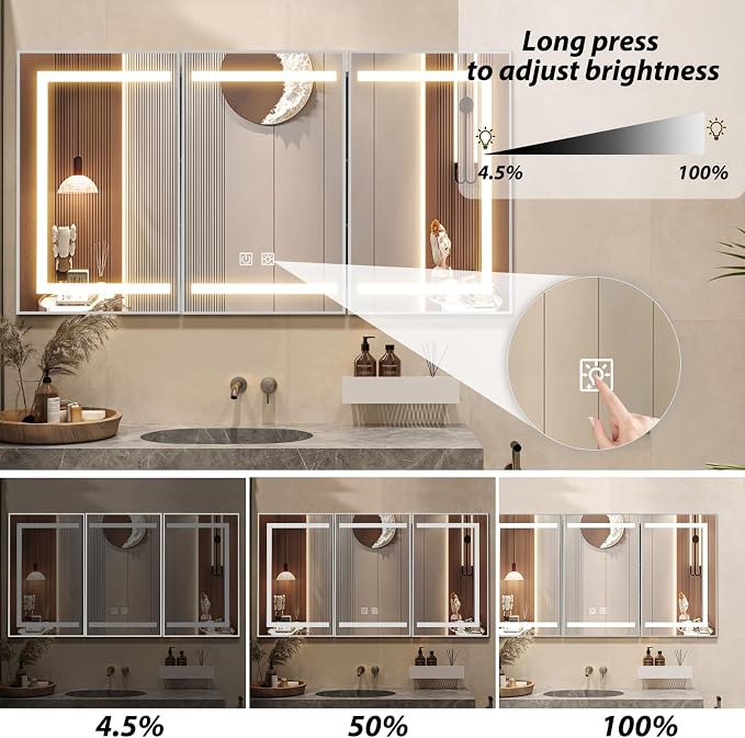 APRILSOUL 60x32 Inch Lighted Bathroom Medicine Cabinet with Mirror, Silver Recessed or Surface Mount Medicine Cabinet Mirror with Storage and LED Lights, 3 Colors Temperature, Dimmable Light