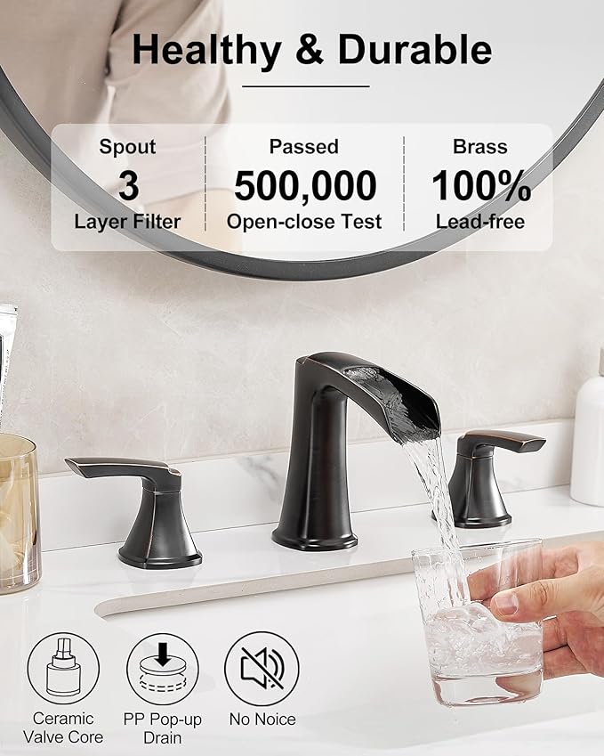 Brass Waterfall Faucet, Oil Rubbed Bronze Bathroom Sink Faucet, 4-16 Inch Widespread Bathroom Faucet, 2 Handle Bathroom Faucets for Sink 3 Hole with Overflow Pop-up Drain for Farmhouse Apartment