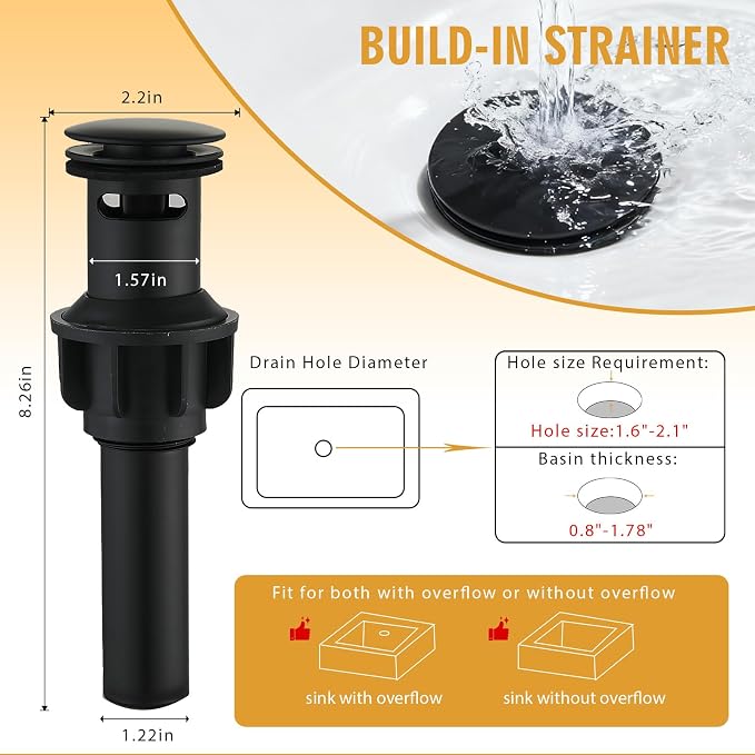 Bathroom Sink Faucet, Waterfall Bathroom Faucet with Pop-up Drain, Supply Hoses and Deck Plate, Suitable for 1 or 3 Holes, Mate Black