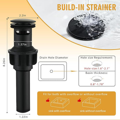 Bathroom Sink Faucet, Waterfall Bathroom Faucet with Pop-up Drain, Supply Hoses and Deck Plate, Suitable for 1 or 3 Holes, Mate Black