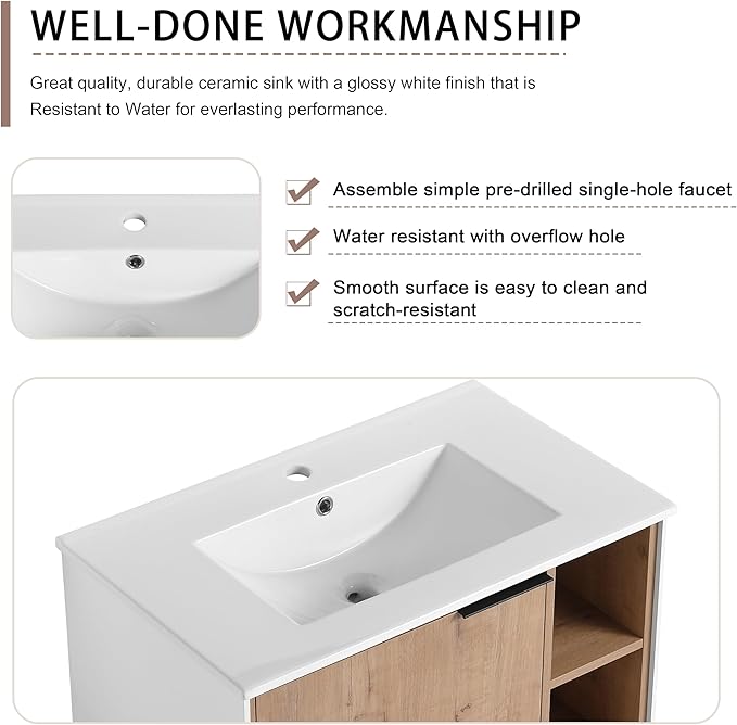 SSLine 30" Wall-Mount Bathroom Vanity Modern Floating Bathroom Vanity Set with Ceramic Sink Basin 24-Inch Oak Brown Small Bathroom Vanities with Storage Cabinet and Open Shelf