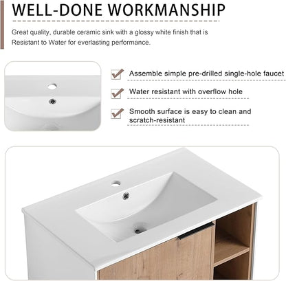 SSLine 30" Wall-Mount Bathroom Vanity Modern Floating Bathroom Vanity Set with Ceramic Sink Basin 24-Inch Oak Brown Small Bathroom Vanities with Storage Cabinet and Open Shelf