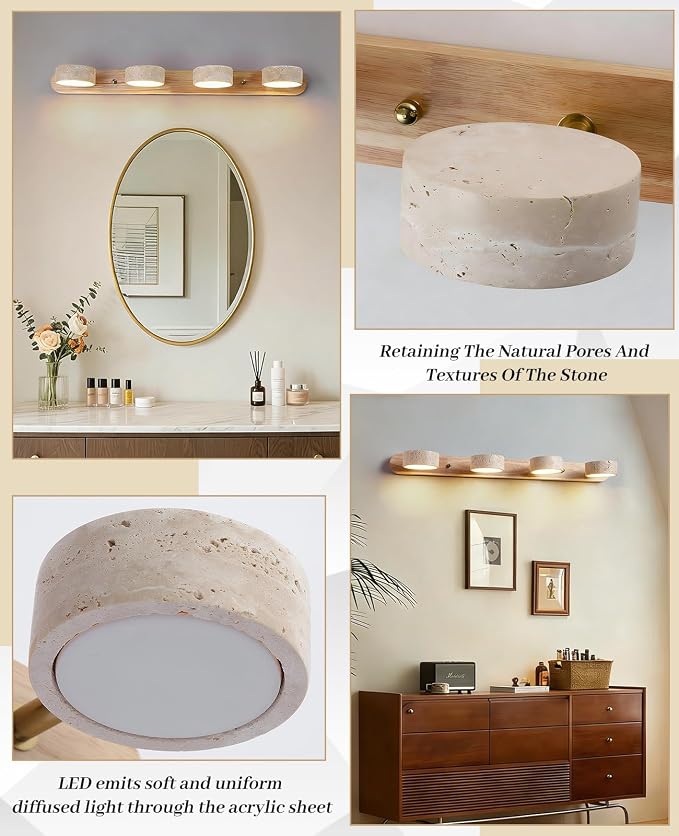 Natural Wood Vanity Light, 27.6 Inches Wabi Sabi Travertine Wall Sconce with 360° Rotatable Natural Stone Lampshade and Wooden Base Nordic Style Farmhouse Vanity Lights for Bathroom (4 Lights)