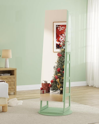 LVSOMT Standing Jewelry Mirror Organizer 6 LED Swivel Jewelry Cabinet Green | Framelss Full Length Mirror with Jewelry Storage, Lockable Jewelry Armoire with 4 Rear Shelves and Hooks for Women Gift