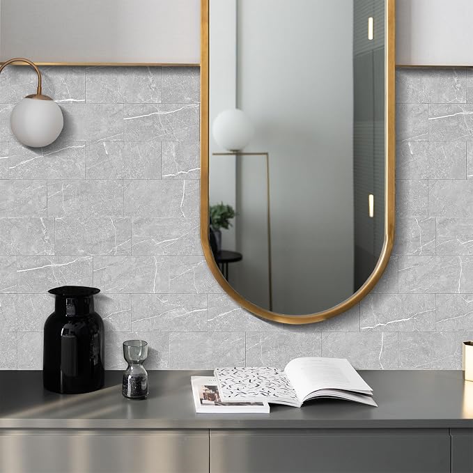 URCOLOR 64-Piece Peel and Stick Backsplash Wall Tile, 4"x 8" PVC Glossy Gray Marble Stick on Subway Tiles for Kitchen, Bathroom, Laundry Room, Camper, Fireplace