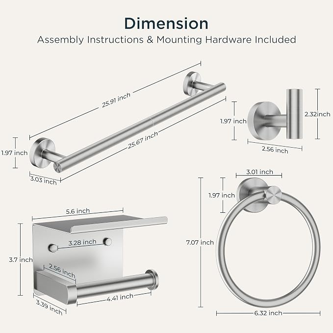 FORIOUS Bathroom Accessories, 5-Piece Bathroom Hardware Set - 24" Towel Bar | Brushed Nickel | Towel Hooks, Towel Racks for Bathroom, Toilet Paper Holder With Shelf, Towel Ring | SUS304 Stainless Steel