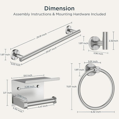 FORIOUS Bathroom Accessories, 5-Piece Bathroom Hardware Set - 24" Towel Bar | Brushed Nickel | Towel Hooks, Towel Racks for Bathroom, Toilet Paper Holder With Shelf, Towel Ring | SUS304 Stainless Steel