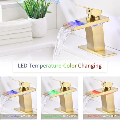 LED Waterfall Bathroom Faucet, Brushed Gold RV Bath Vanity Faucet for Sinks - 1 or 3 Hole Mount