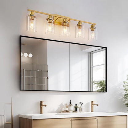5 Light Gold Bathroom Light Fixtures Brushed Brass Vanity Light Over Mirror Modern Wall Lighting Sconces Wall Lamp for Bathroom, Bedroom, Living Room E26 Socket with Glass Shade