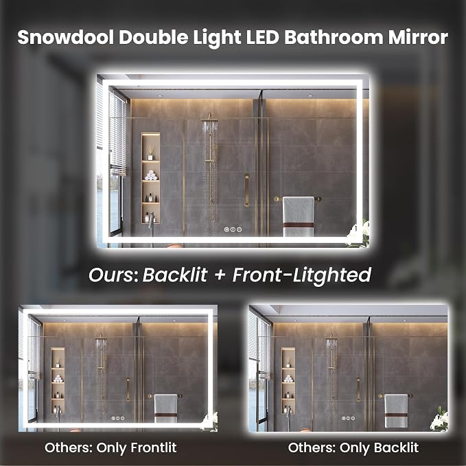 Snowdool 60 x 24 in LED Bathroom Mirror, Front and Backlit, Anti-Fog | Front and Backlit, 3 Color Temperatures, Anti-Fog, Tempered Glass