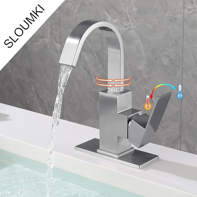 Brushed Nickel Bathroom Faucet with 360 Degree Swivel Spout Waterfall Faucet for Bathroom Vanity，Single Hole Bar Sink Faucet with Hose and 6 "Deck Plate,SL5004BN