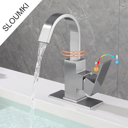 Brushed Nickel Bathroom Faucet with 360 Degree Swivel Spout Waterfall Faucet for Bathroom Vanity，Single Hole Bar Sink Faucet with Hose and 6 "Deck Plate,SL5004BN