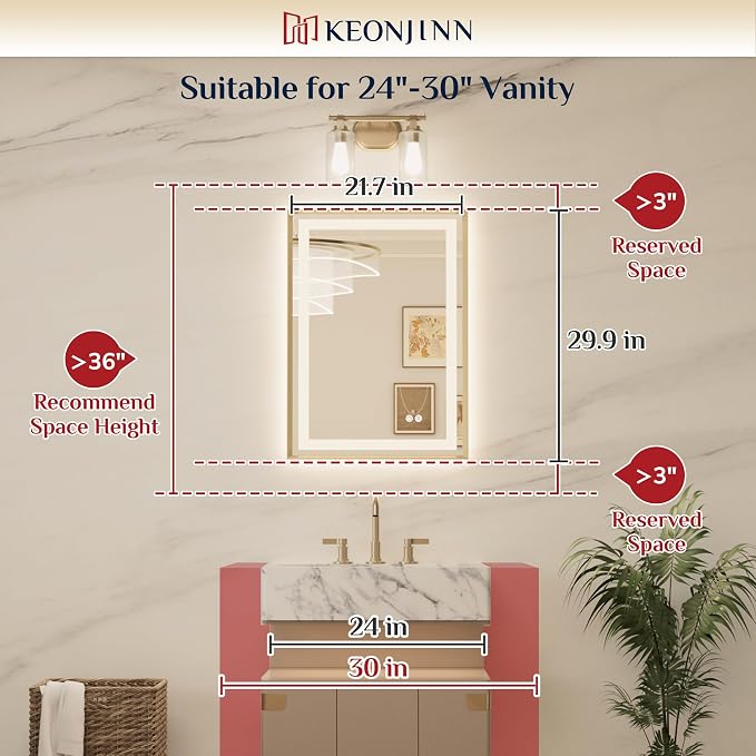 Keonjinn 22x30 Inch Nickel LED Bathroom Mirror with Lights, Beveled Edge | Frontlit & Backlit, Lighted Bathroom Mirror, HD Tempered Glass, 3 Color Temperatures, Anti-fog, Stepless Dimmable