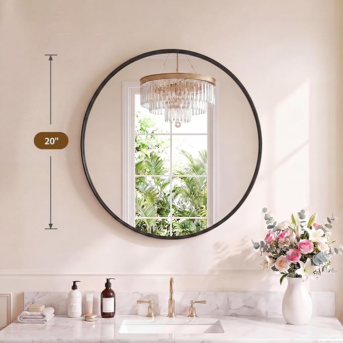 Sweetcrispy Bathroom Circle Mirror 20 in, Vanity Wall Mirror for Over Sink | odern Wall Mount Vanity Mirrors for Home Decor, Living Room, Bedroom, Black