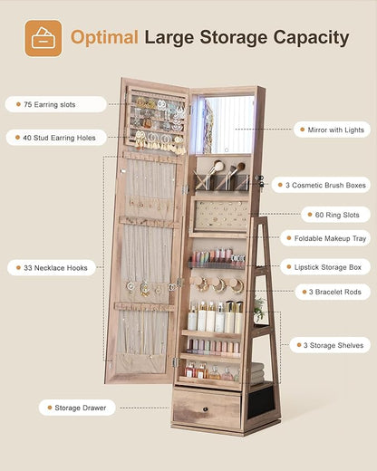 Nicetree 360° Swivel Jewelry Cabinet with Lights, Full Length Mirror, Oak | Standing Mirror Jewelry Cabinet, Lockable Mirror with Storage, Lighted Interior Mirror, Rear Shelves, Flip-over Shelf