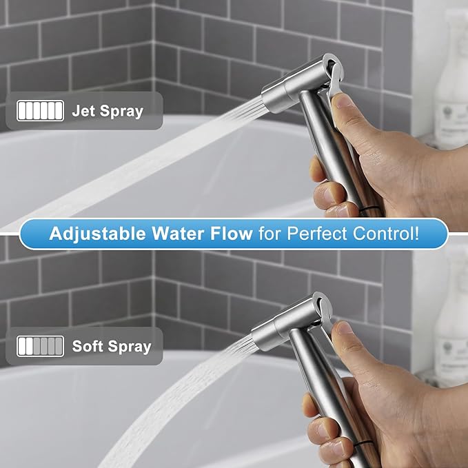 Handheld Toilet Bidet Sprayer 2 Pack, Water Pressure Adjustable Sprayer with Hose and 7/8 "T-valve, Jet Spray and Soft Spray, for Toilet, Bidet, Shower etc., Stainless Steel, Silver