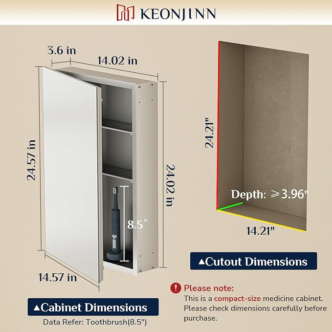 Keonjinn Medicine Cabinet Mirror for Bathroom 14"x24", Adjustable Shelves | Assembly Required, Wall Mount or Recessed, Safe HD Tempered Glass Mirrors, Soft Close with DTC Hinges, Lightweight, Silver