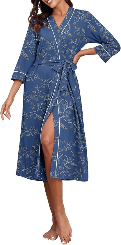 PrinStory Robes for Women 3/4 Sleeve Long Bath Robe XS-4XL | V-Neck Knit Bathrobe with Pockets, Lightweight, Soft, Breathable Robes for Shower, Spa, Travel, Home, Party, Nursing