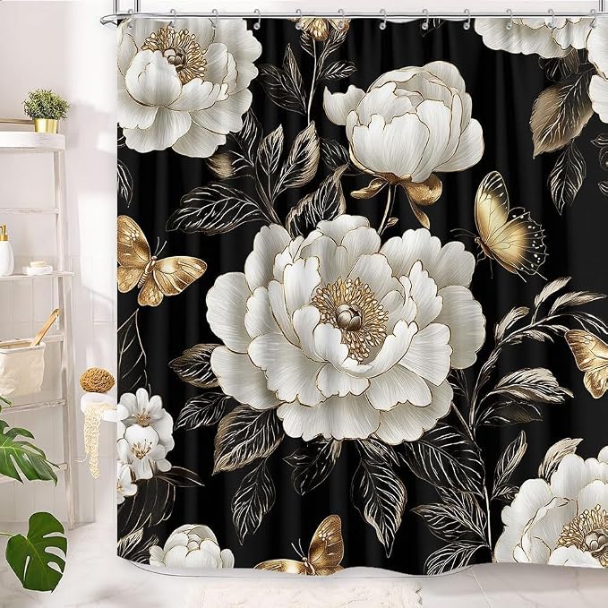 Black and Gold Boho Floral Shower Curtain, Vintage Unique Dark Flowers Botanical Aesthetic Decorative Shower Curtain Set, Pretty Gold Boho Farmhouse Curtains Bathroom Accessories with Hooks 60"x72"