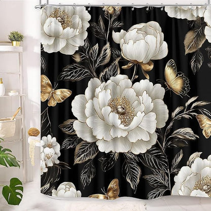 Black and Gold Boho Floral Shower Curtain, Vintage Unique Dark Flowers Botanical Aesthetic Decorative Shower Curtain Set, Pretty Gold Boho Farmhouse Curtains Bathroom Accessories with Hooks 60"x72"