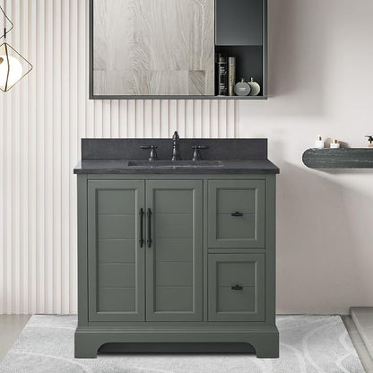 Vanity Art 36 Inch Bathroom Vanity with Single Sink, Vintage Green | Solid Wood, Ceramic Sink, Marble Top, Waterproof Backsplash, Pre-assembled, Soft-close Doors, Ample Storage, Freestanding