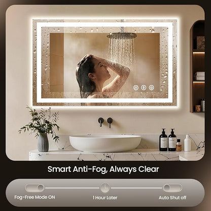 48x36 LED Bathroom Mirror with Anti-Fog, Backlit & Front Lit, Memory | Stepless Dimmable 3 Color CRI 95+ Shatterproof Tempered Glass ETL Listed for Safety Lighted Bathroom Vanity Mirror for Wall
