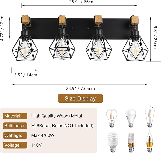 VbiTmn Bathroom Light Fixtures, 4 Light Black Farmhouse Wood Vanity Lights | Rustic Design, Diamond Metal Shades, Easy to Install, Wall Sconces for Bathroom, Bedroom, Makeup Area, Over Vanity Mirror