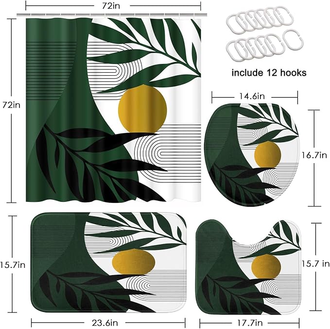 Bathroom Sets with Shower Curtain and Rugs, 4 Pcs, Boho Leaves | Minimalist Modern Abstract Bathroom Decor Set with Toilet Lid Cover, Non-Slip Bath Mats and Accessories 12 Hooks
