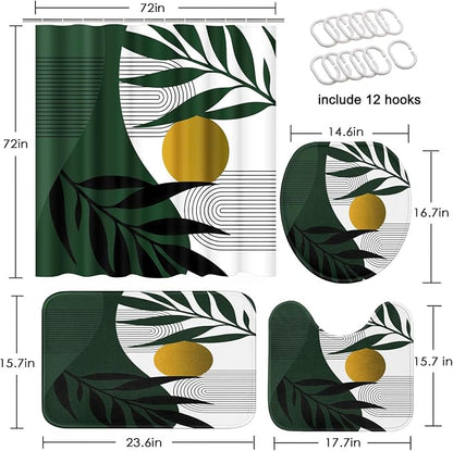 Bathroom Sets with Shower Curtain and Rugs, 4 Pcs, Boho Leaves | Minimalist Modern Abstract Bathroom Decor Set with Toilet Lid Cover, Non-Slip Bath Mats and Accessories 12 Hooks